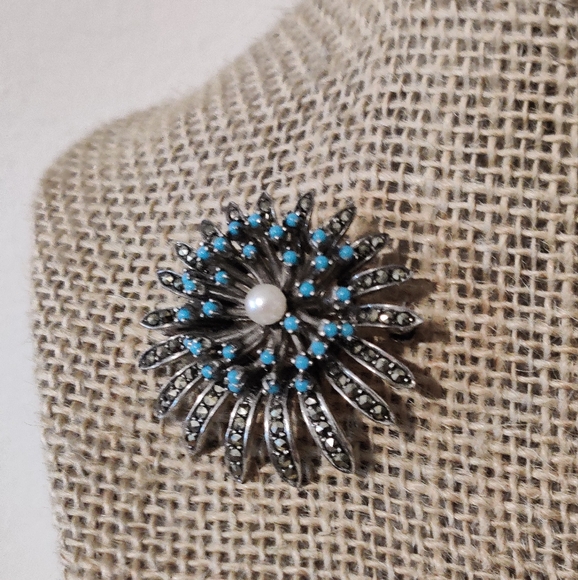 Vintage 60s Germany Silver 935 Chrysanthemum Flower Marcasite Brooch - Picture 7 of 16